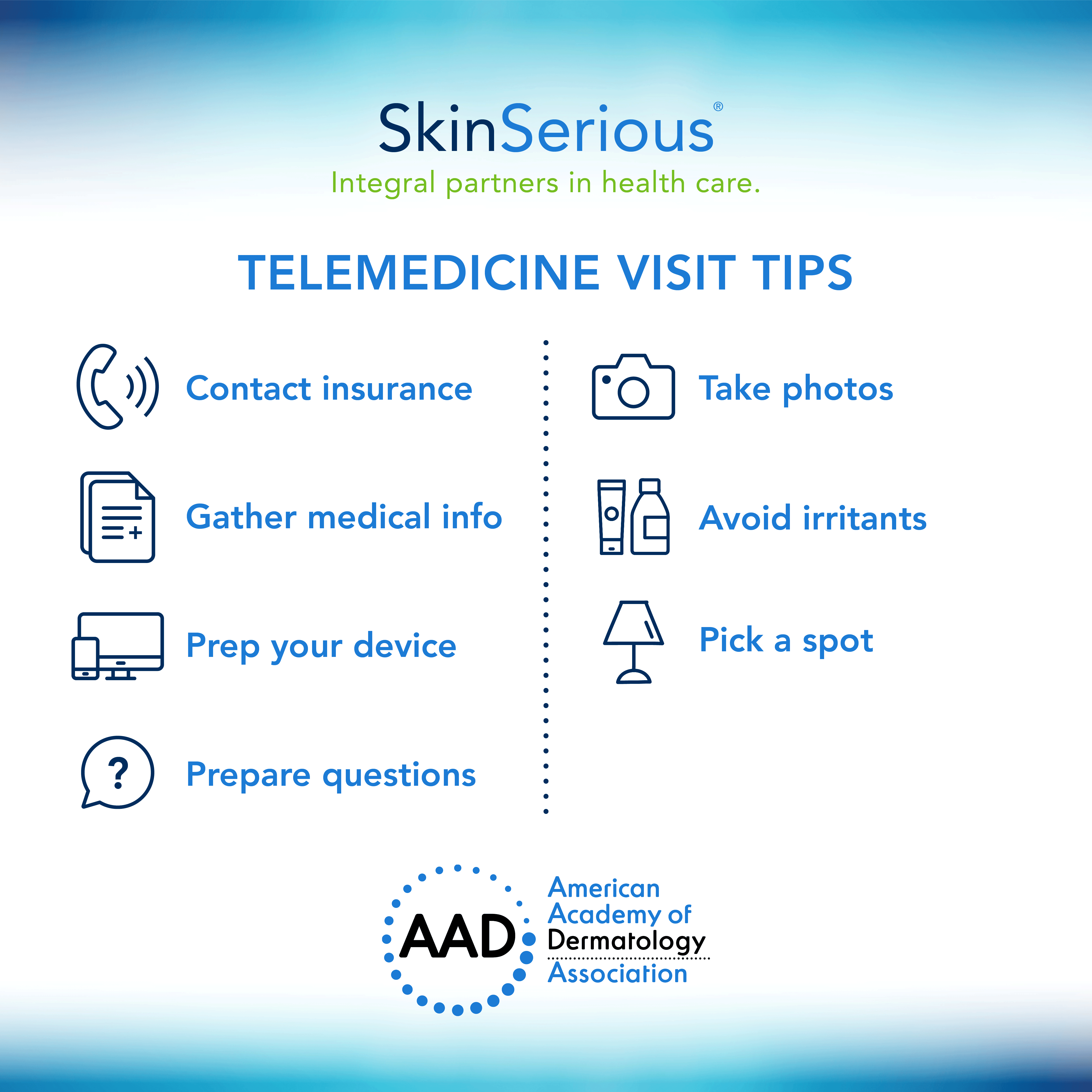Infographic providing tips on how to prepare for a telemedicine visit with your dermatologist.